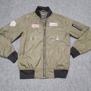 Motorsport Racing Bomber Jacket Mens M Olive Green Patch Logo Zip Flight Coat
